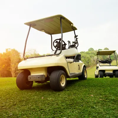 Two golf carts with sunset in background.